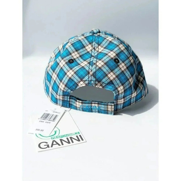 Ganni Unisex Cotton Canvas Baseball Cap Check Azure Blue (MSRP $95)